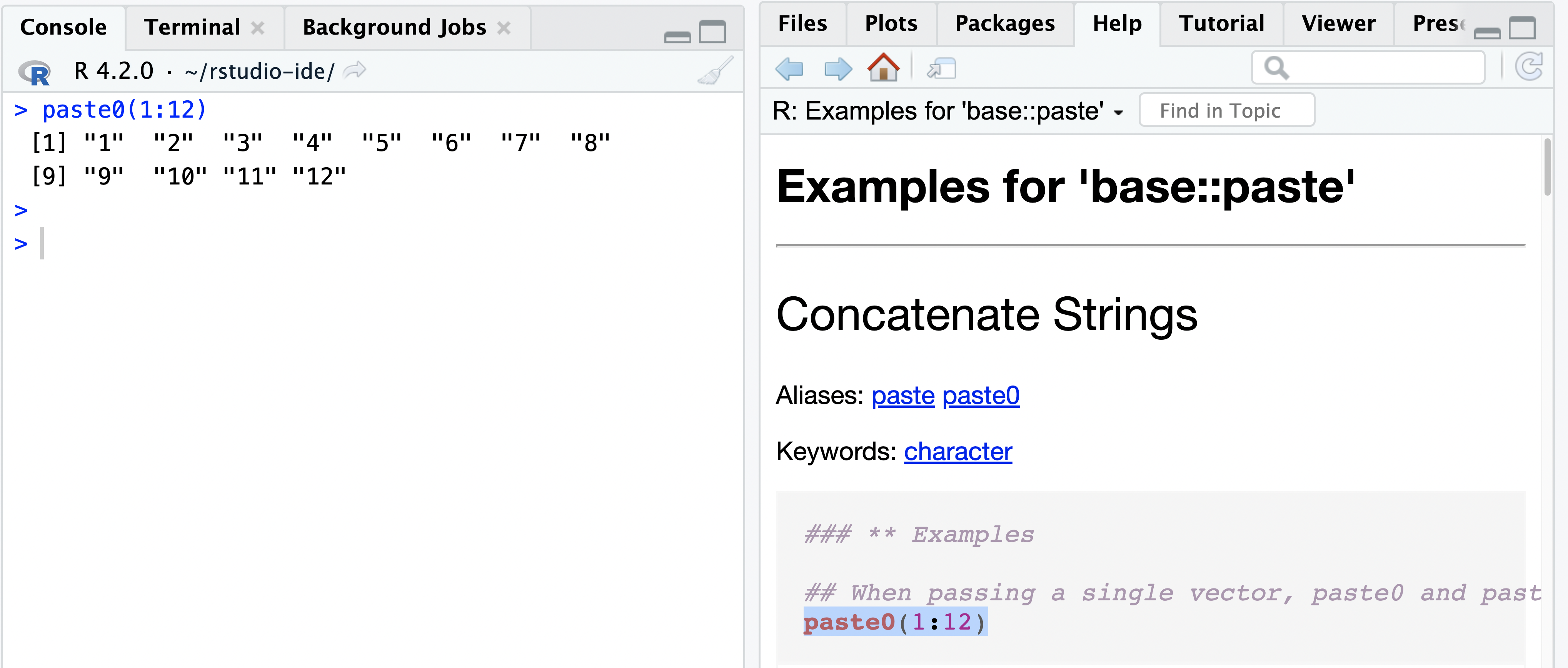 RStudio's Console and Help pane displaying an executed example and function documentation.