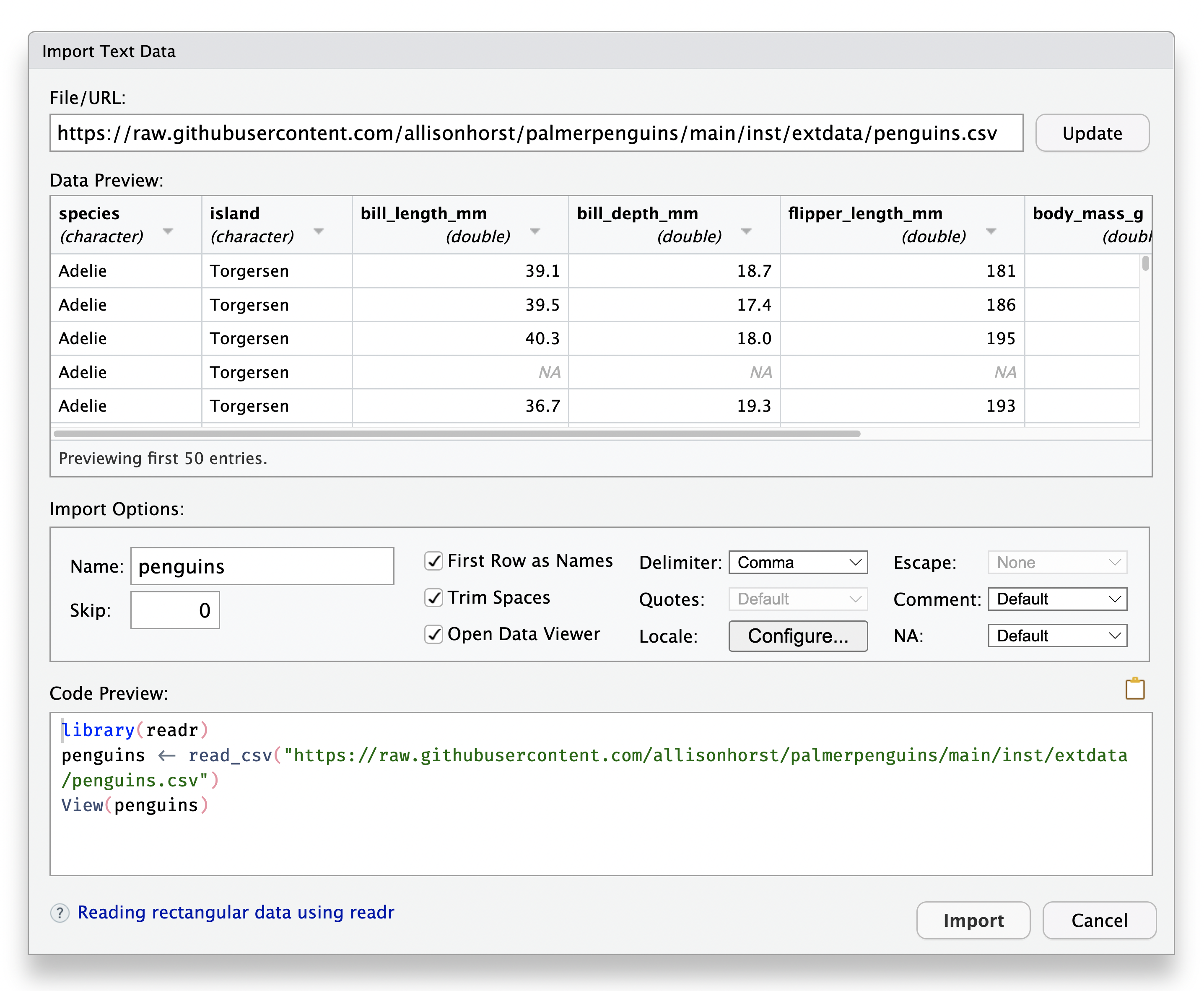 RStudio's Import Text Data wizard previews the data, import settings, and generated R code.