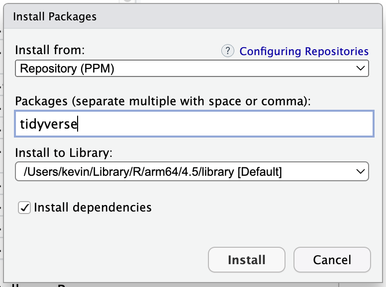 Installing the tidyverse package through RStudio's Install Packages dialog.
