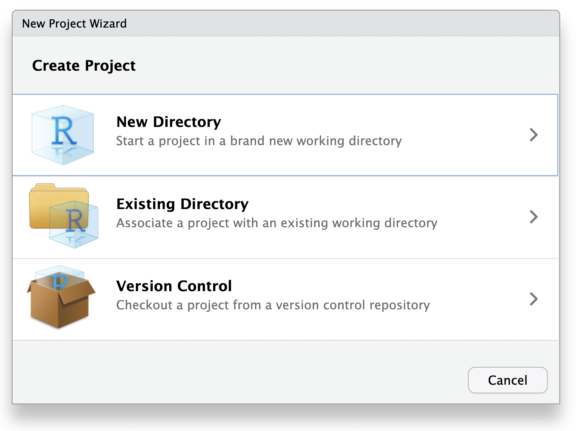 The New Project Wizard in RStudio.